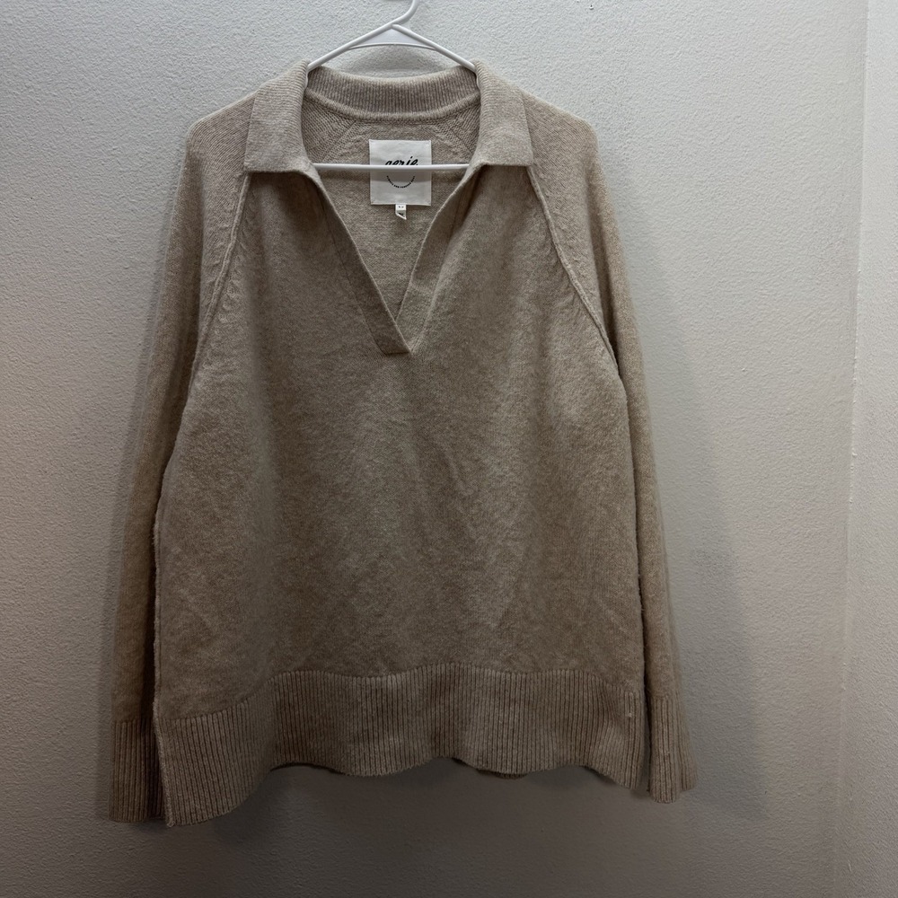Aerie V-Neck Oversized‎ Sweater Womens Pullover Knit Sherpa Fuzzy Tan Lounge